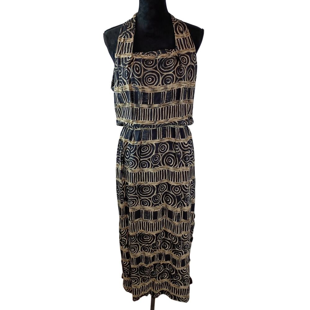 POSITIVE ATTITUDE Women's Maxi Dress Rayon Geometric Striped Black Brown Large